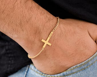Custom Gold Cross Bracelet, Men&#39;s Cross Bracelet, Engraved Cross Bracelet for Him, Mens Cuban Curb Bracelet, Christian Gift, Religious Gifts