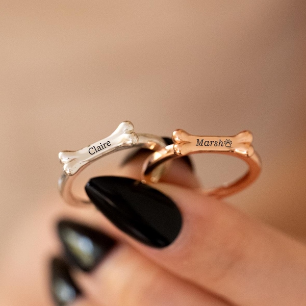 Dainty Stacking Name Ring, Pet Name Ring, Custom Dog Bone Ring, Engraved Ring for Dog Mom, Name Jewelry, 14K Gold Name Ring, Gift for Women