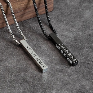 Gepersonaliseerde staafketting voor mannen, gegraveerde naamhangersieraden, herenketting, 3D-staafketting, cadeau voor hem vader, zilveren roestvrijstalen ketting