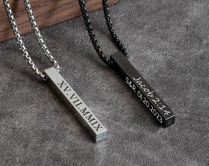 Personalized Bar Necklace for Men, Engraved Family Name Jewelry, Silver Mens Necklace, 3D Name Bar Necklace, Gift for Dad, Christmas Gifts