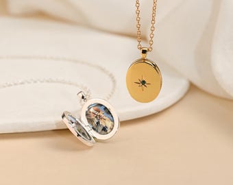 Oval Locket Necklace with Birthstone, Engraved Photo Locket Necklace, Personalized Memorial Jewelry, Birthday Gift for Her, Mother Day Gift