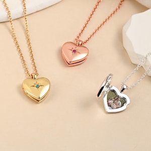 Collar con medallón de corazón personalizado con piedra de nacimiento, pequeño medallón de amor con foto, joya con medallón de piedra de nacimiento, regalo conmemorativo, regalo de cumpleaños para amigos.