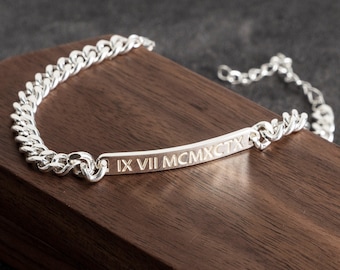 Personalized Mens Bar Bracelet, Engraved Silver Bar Bracelet, Custom Name Bracelet for Him, Anniversary Gift for Husband, Dad Jewelry Gifts