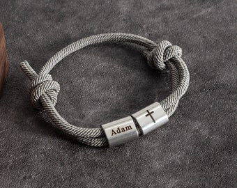 Custom Men Bracelet with Sailing Rope, Engraved Cross Bracelet for Men, Baptism Gift, Birthday Gift for Him, Fathers Day Gift for Grandpa