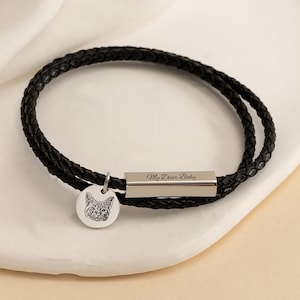 Custom Pet Memorial Bracelet, Engraving Bar Bracelet, Handmade Leather Bracelet for Dad, Personalized Gift for Him Her, Gift for Pet Loss