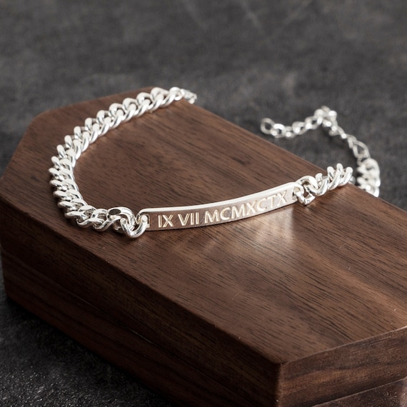Personalized Engraved Bar Bracelet, Silver Name Bracelet for Men, Anniversary Gift for Him, Cuban Chain Bracelet for Him, Boyfriend Gifts