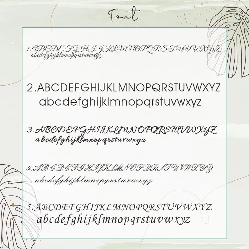 K&ouml;nnte beinhalten: Grafik mit f&uuml;nf verschiedenen Schriftarten. Jede Schriftart zeigt das Alphabet in Gro&szlig;- und Kleinbuchstaben. Das Wort "Font" steht oben. Die Schriftarten reichen von eleganter Schreibschrift bis zu einfachen serifenlosen Schriften.