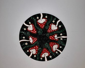 Red Mushrooms under the night sky, Original acrylic painting on circle canvas