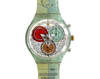 May include: A clear, geometric-patterned wristwatch with a yellow strap. The watch face features three sub-dials in red, green, and brown, with Greek text. The watch band displays the text "ALCHEMI" and "ΔΙΑΠΑΣΩΝ FORMALIS".