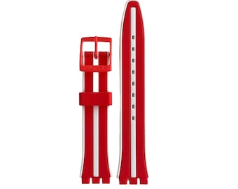 May include: Red and white silicone watch strap with a white buckle and the word "Swatch" printed on it.