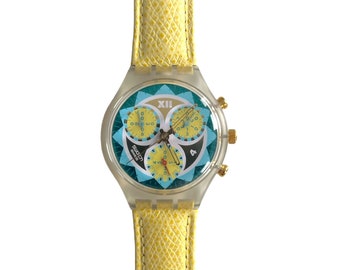 Seltene Vintage Swatch Chrono 37 mm von 1994 – LEMON BREEZE SCK106 – ungetragener, neuwertiger Betriebszustand – alle Funktionen getestet – neue Batterie eingebaut