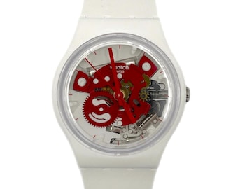 ? Swatch Clownfish SUOR102 Red/White Transparent Reversible Band Swatch NEW Swiss Swatch Clownfish White And Red Strap Skeleton Dial  main image 4