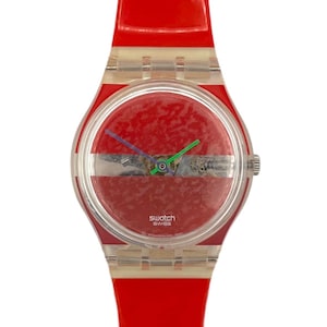 Vintage 2002 Swatch Gent 34mm watch - RED PAINTED TIME GB377 - unworn mint running condition - new battery installed - original box
