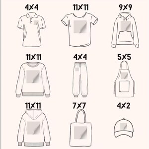 May include: Line drawing of various apparel items, including a polo shirt, t-shirt, hoodie, sweatshirt, sweatpants, apron, tote bag, and baseball cap. Each item has a rectangular area for a design, with dimensions in cm.