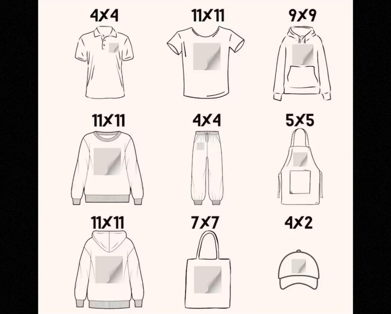 May include: Line drawing of various apparel items, including a polo shirt, t-shirt, hoodie, sweatshirt, sweatpants, apron, tote bag, and baseball cap. Each item has a rectangular area for a design, with dimensions in cm.