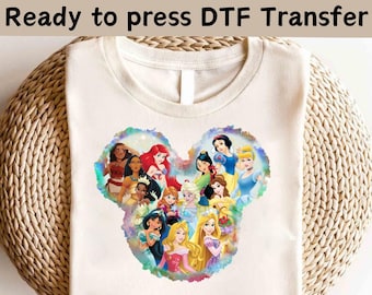 Disney Princess Heart-personages DTF, Disney WDW Princess-overdracht, Disneyworld Princess DTF, shirt prinsessenpersonages, prinsessenmeisjesreis