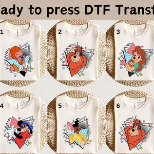 Puede incluir: Camisetas de transferencia DTF color crema con personajes de dibujos animados en diseños geométricos retro. El texto "Ready to press DTF Transfer" está en la parte superior. Cada camiseta tiene un diseño de personaje diferente, incluyendo un león, un perro y una chica.