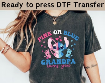 Disney Stitch Angel Gender Reveal DTF, Lilo y Stitch DTF, camisa Stitch Ohana, camisa guardián de la camisa de género, camisa azul o rosa baby shower