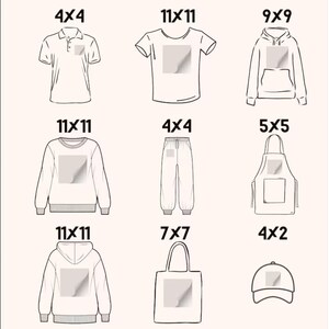 May include: A set of nine different blank apparel items, including a polo shirt, t-shirt, hoodie, sweatshirt, sweatpants, apron, tote bag, and baseball cap. Each item has a rectangular area for customization, with sizes indicated in inches.