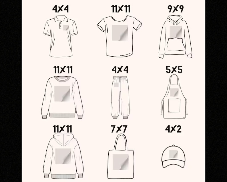 May include: A set of nine different blank apparel items, including a polo shirt, t-shirt, hoodie, sweatshirt, sweatpants, apron, tote bag, and baseball cap. Each item has a rectangular area for customization, with sizes indicated in inches.