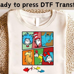 Lesen Sie über Amerika Zeichentrickfiguren DTF Transfer, Lesetag DTF, Dr. Seuss Geburtstagsparty Shirt, Dr. Seuss Shirt, Lesetag Liebhaber Shirt