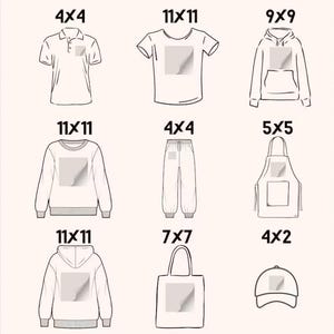 May include: A set of nine different blank apparel items, including a polo shirt, t-shirts, a sweatshirt, sweatpants, an apron, a tote bag, and a baseball cap. Each item has a blank square area for customization.