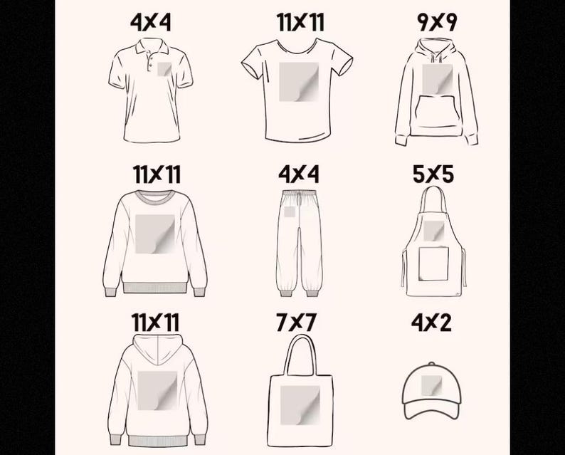 May include: A set of nine different blank apparel items, including a polo shirt, t-shirts, a sweatshirt, sweatpants, an apron, a tote bag, and a baseball cap. Each item has a blank square area for customization.