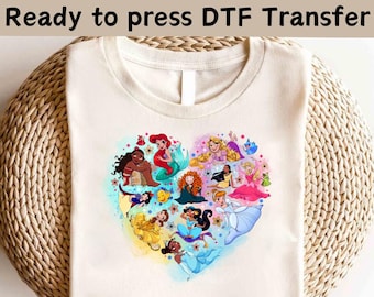 Disney Princess Heart-personages DTF, Disney WDW Princess-overdracht, Disneyworld Princess DTF, shirt prinsessenpersonages, prinsessenmeisjesreis