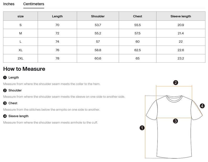 May include: A white chart detailing t-shirt measurements in centimetres. It lists size, length, shoulder width, chest size, and sleeve length. A diagram shows how to measure the garment.