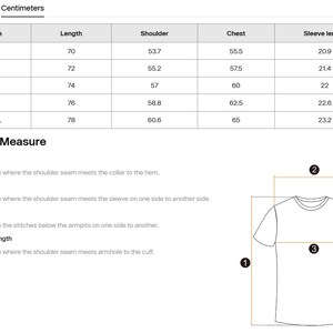 May include: A white chart with measurements in centimeters for t-shirts. The chart includes size, length, shoulder, chest, and sleeve length measurements. A diagram illustrates how to measure the length, shoulder, chest, and sleeve length of a t-shirt.
