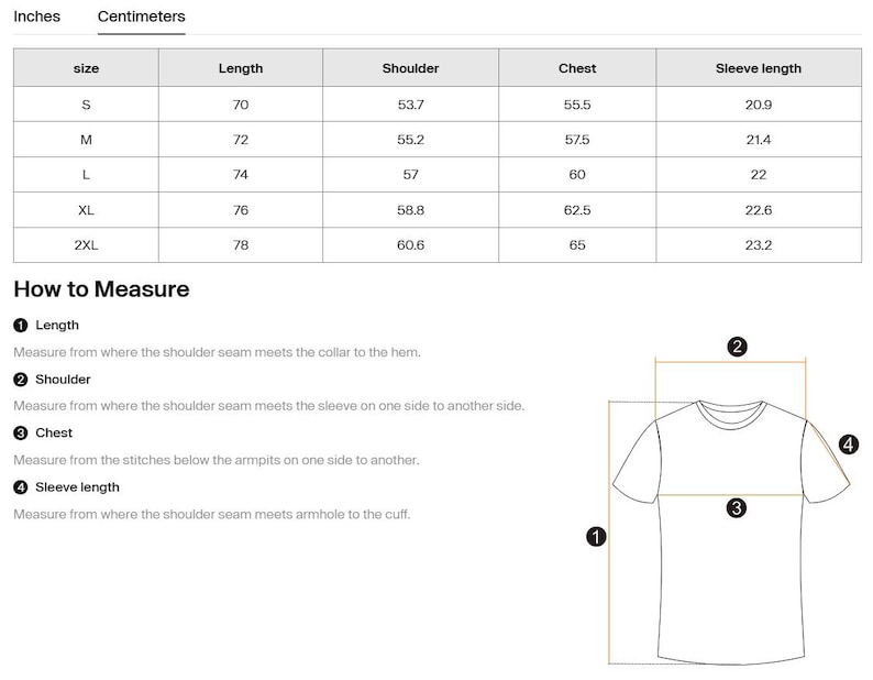 May include: A white chart with measurements in centimeters for t-shirts. The chart includes size, length, shoulder, chest, and sleeve length measurements. A diagram illustrates how to measure the length, shoulder, chest, and sleeve length of a t-shirt.