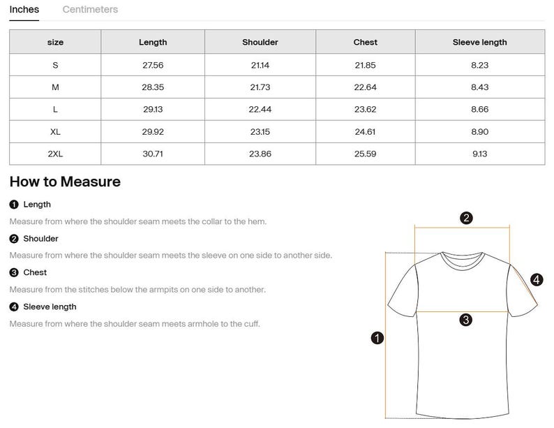 May include: A white chart detailing t-shirt measurements in centimetres, including length, shoulder, chest, and sleeve length. Sizes range from S to 2XL. A diagram shows how to measure the shirt, indicating length, shoulder, chest, and sleeve length.