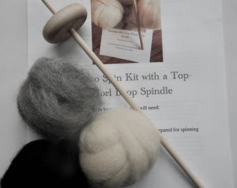 Beginning Learn to Spin Yarn Kit, 2" Top Whorl Solid Wood 12' Spindle, Drop Spindle Spinning Instructions, Handmade, Alpaca Rovings