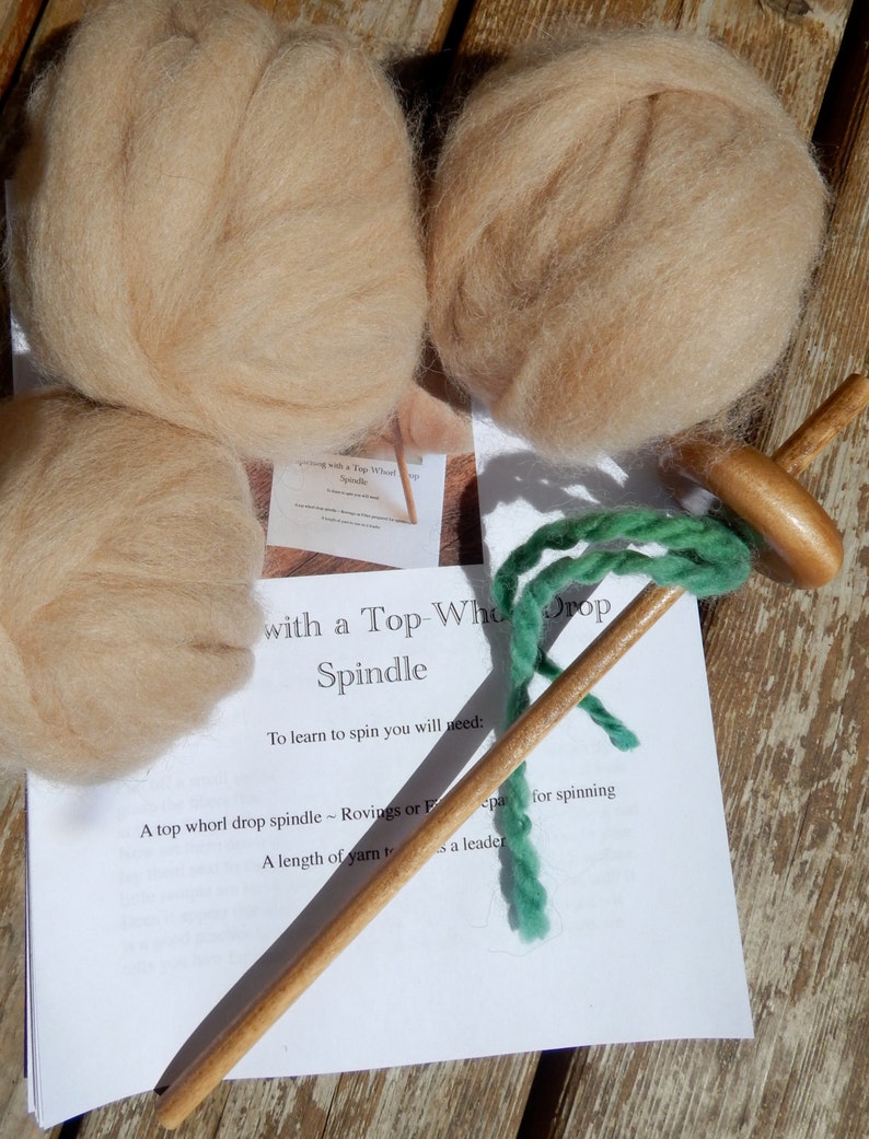 Drop Spindle KitAlpaca Rovings Beige Alpaca RovingsDrop SpindleDIYLearn to Spin Yarn KitThree Ounce Rovings image 1