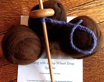 Drop Spindle Kit~Learn to Spin Kit~12" Top Whorl Spindle~Drop Spindle Spinning~Spinning Instructions~Three Ounces Alpaca Rovings