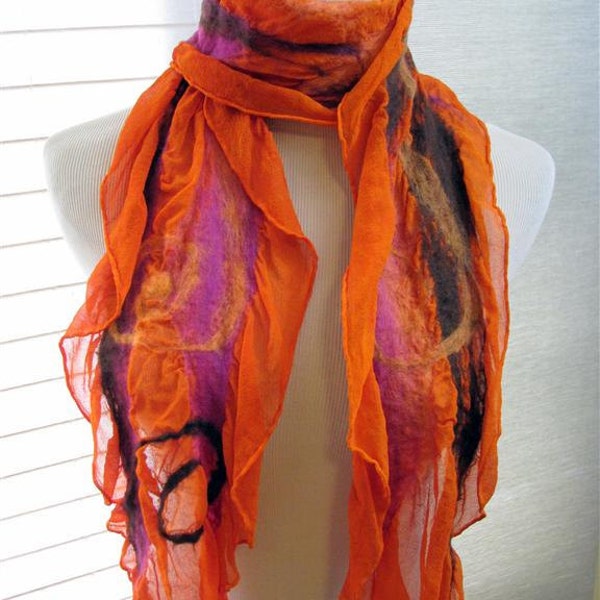 Nuno Felted Orange Pink and Brown Wool and Silk Scarf  Orange Felted Scarf 958