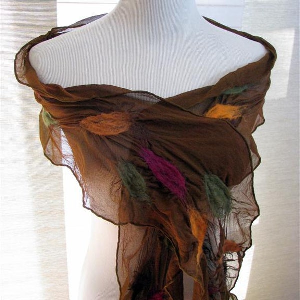 Felt Scarf - Brown Scarf - Burgundy Orange and Green Falling Leaves 883