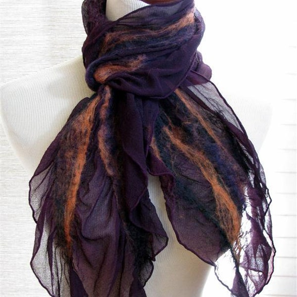 Purple Felt Scarf - Nuno Felt Scarves  - Witches Brew -  Purple Black and Orange Merino Wool on Purple Silk 1010