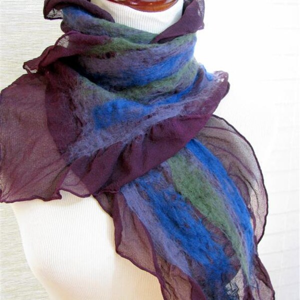 Nuno Felt  Scarf, Purple Scarf,  Purple Blue and Green Wool 987