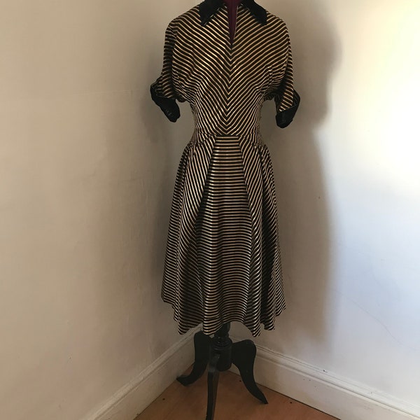 Vintage 50s Cocktail Dress in Gold and Black Striped Silk