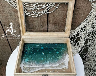 Caja de adorno de madera - Porta joyas - Océano, olas de resina epoxi de playa - Gyantacsodak