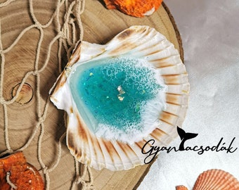 Porte-bijoux, porte-bagues en véritable coquillage géant - Océan, résine époxy de plage - turquoise étincelant 2 - Gyantacsodak