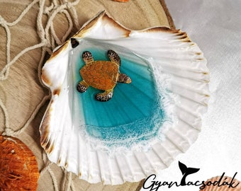 Porta joyas de concha gigante real, porta anillos con tortuga - Océano, resina epoxi de playa - Gyantacsodak