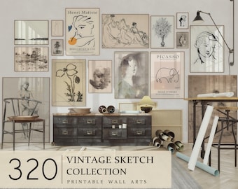 May include: A collection of 320 vintage sketch printable wall art prints. The prints feature black and white line drawings of people, animals, and plants. The prints are arranged on a wall with a wooden cabinet and a chair in the foreground.