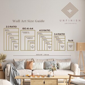 May include: A wall art size guide with different aspect ratios, including 2:3, ISO A1-A4, 4:5, 3:4, and 11x14. The guide shows the dimensions in inches and centimeters for each ratio. The text "SOFA 90" and "228 cm" is displayed below the guide.