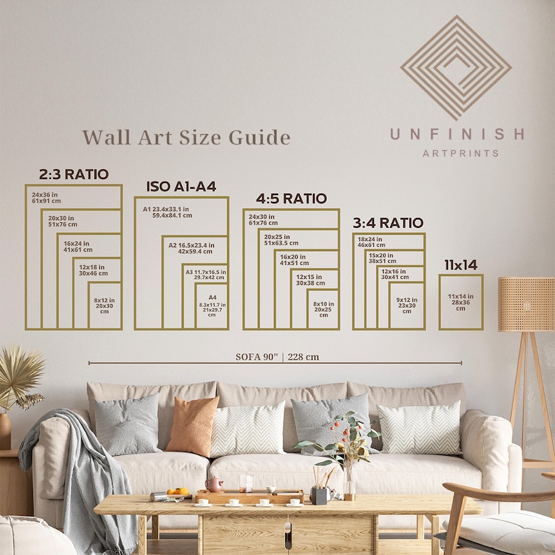 May include: A wall art size guide with different aspect ratios, including 2:3, ISO A1-A4, 4:5, 3:4, and 11x14. The guide shows the dimensions in inches and centimeters for each ratio. The text "SOFA 90" and "228 cm" is displayed below the guide.