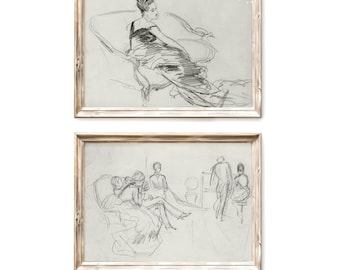 Vintage Porträt Skizze Kunstdruck Set von zwei, Antike neutrale abstrakte minimalistische Zeichnungen | Digital Druckbare Herunterladbare | G0051