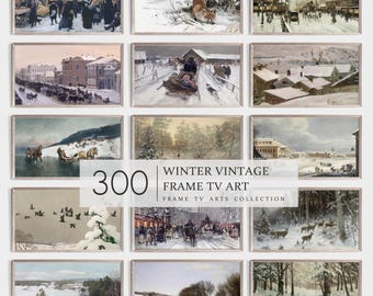 May include: A collection of 12 vintage winter-themed paintings in frames. The paintings depict scenes of snow, ice, and winter activities, such as ice skating, sledding, and walking in the snow. The paintings are all in a similar style, with a muted color palette and a focus on detail. The text "300 WINTER VINTAGE FRAME TV ART FRAME TV ARTS COLLECTION" is visible in the center of the image.