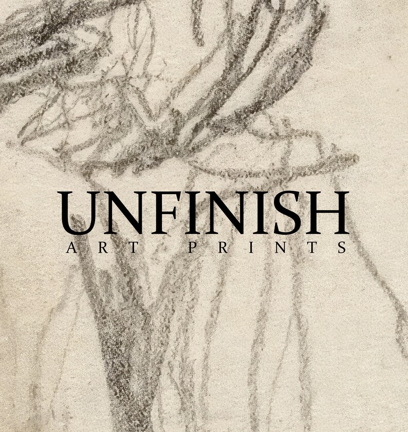 May include: A black and white image of a pencil drawing of a tree branch with the text "UNFINISH ART PRINTS" below it.