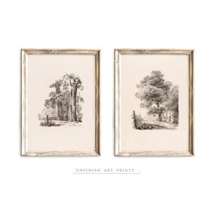 Vintage Rustic Landscape Sketch Set of Two | Neutral Decor  | Digital PRINTABLE Downloadable | Tree Sketch | G0009